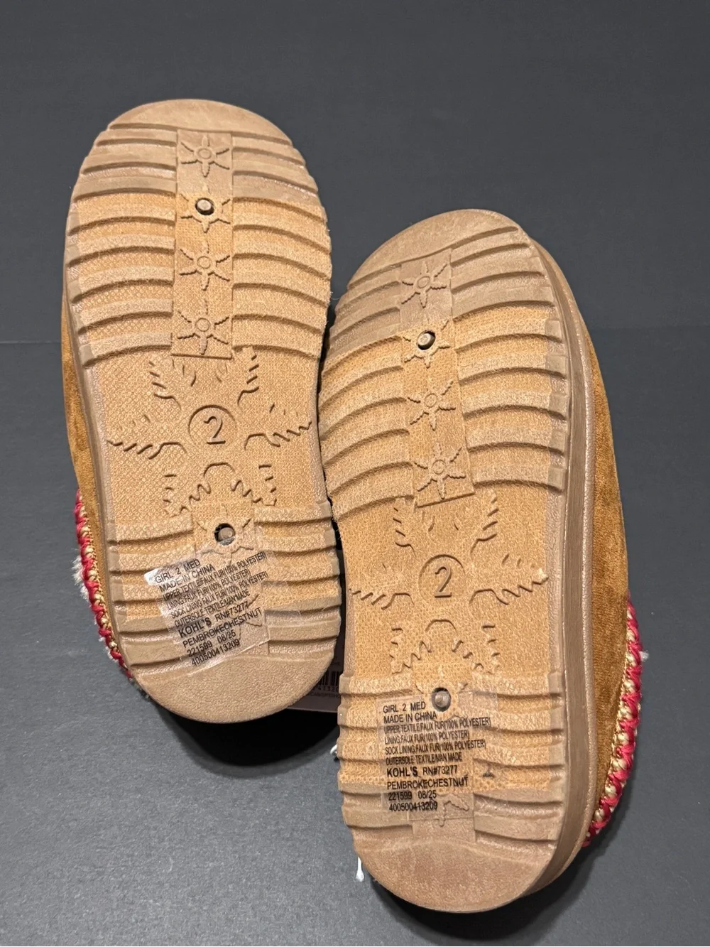 Kohl's Kids Faux-Suede Pembroke Slip-On Slippers in Chestnut with Red Trim